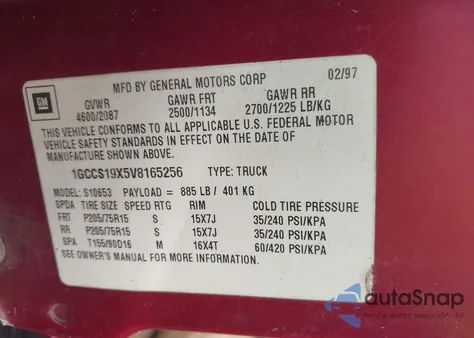 1997 Chevrolet S-10 Ls Fleetside Cmi из США, поврежденный, VIN 1GCCS19X5V8165256